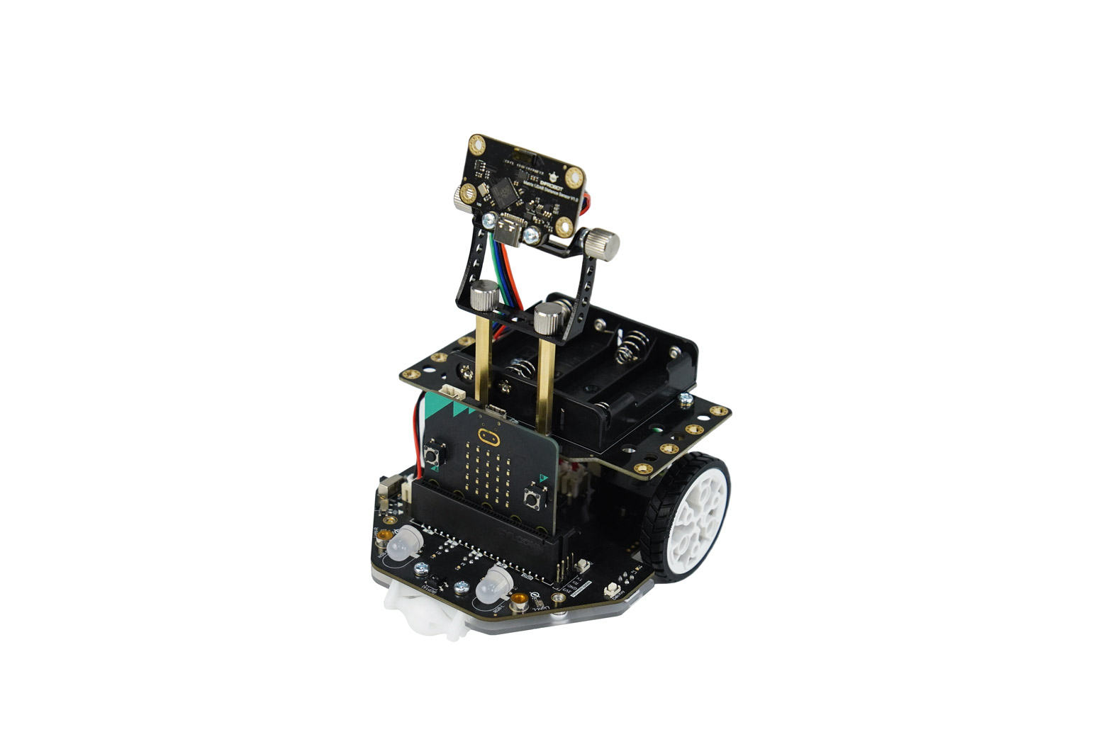DFRobot Maqueen Plus V3 AA-battery robot, illustrated with a micro:bit controller